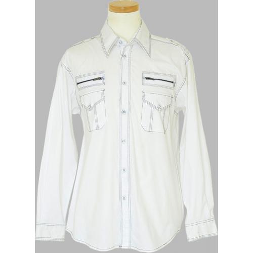 Cielo White With Black Hand-Pick Stitching And Zipper Long Sleeve Casual Shirt S1594